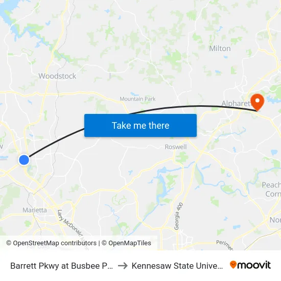 Barrett Pkwy at Busbee Pkwy to Kennesaw State University map