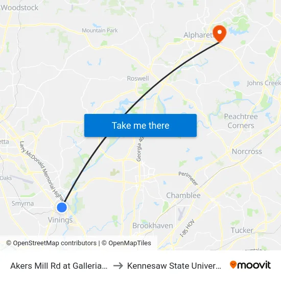 Akers Mill Rd at Galleria Dr to Kennesaw State University map