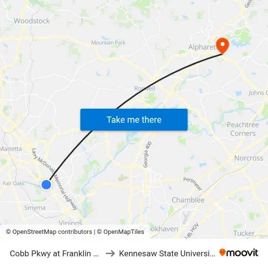 Cobb Pkwy at Franklin Rd to Kennesaw State University map