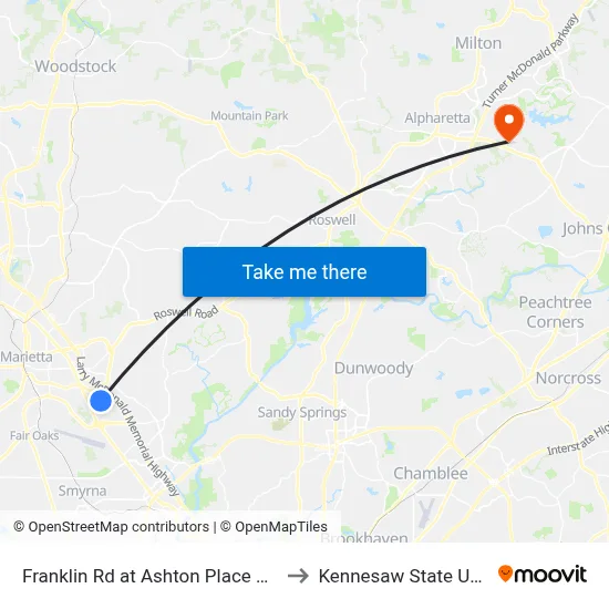 Franklin Rd at Ashton Place Apartments to Kennesaw State University map