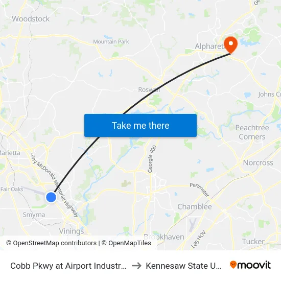 Cobb Pkwy at Airport Industrial Park Dr to Kennesaw State University map