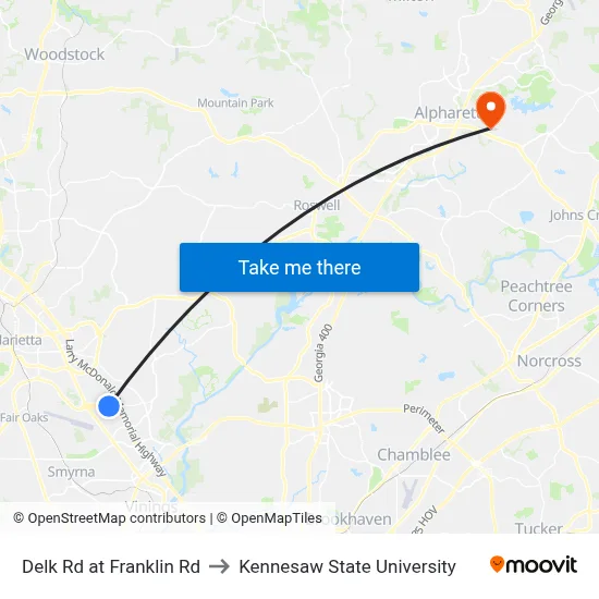 Delk Rd at Franklin Rd to Kennesaw State University map
