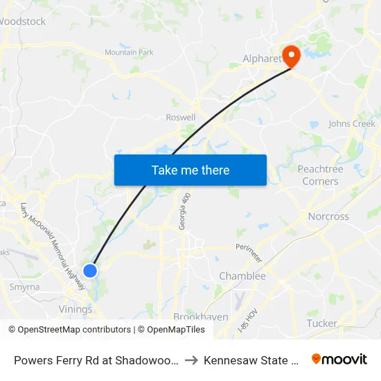 Powers Ferry Rd at Shadowood Office Park to Kennesaw State University map