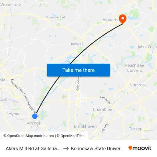 Akers Mill Rd at Galleria Dr to Kennesaw State University map