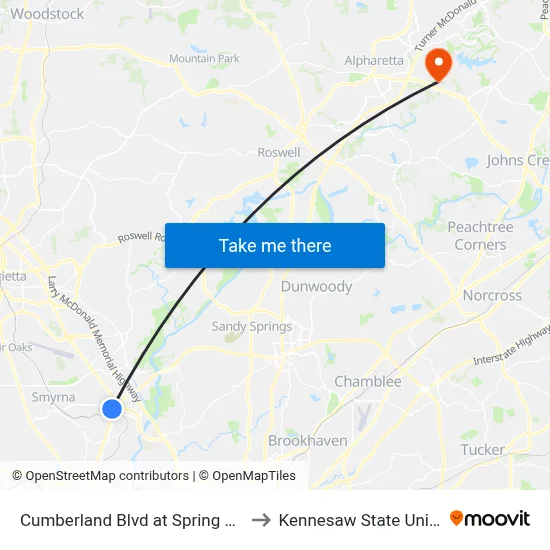 Cumberland Blvd at Spring Hill Pkwy to Kennesaw State University map