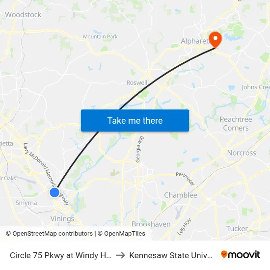 Circle 75 Pkwy at Windy Hill Rd to Kennesaw State University map