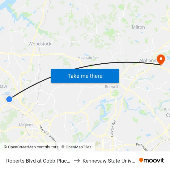 Roberts Blvd at Cobb Place Blvd to Kennesaw State University map