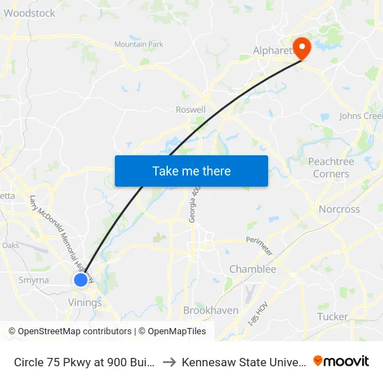 Circle 75 Pkwy at 900 Building to Kennesaw State University map