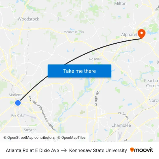 Atlanta Rd at E Dixie Ave to Kennesaw State University map