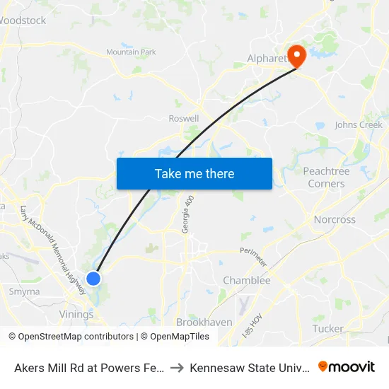 Akers Mill Rd at Powers Ferry Rd to Kennesaw State University map