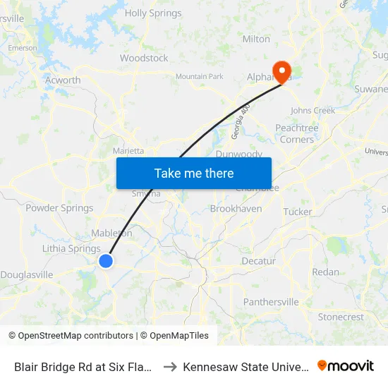 Blair Bridge Rd at Six Flags Dr to Kennesaw State University map
