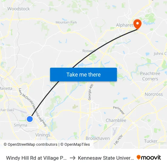 Windy Hill Rd at Village Pkwy to Kennesaw State University map