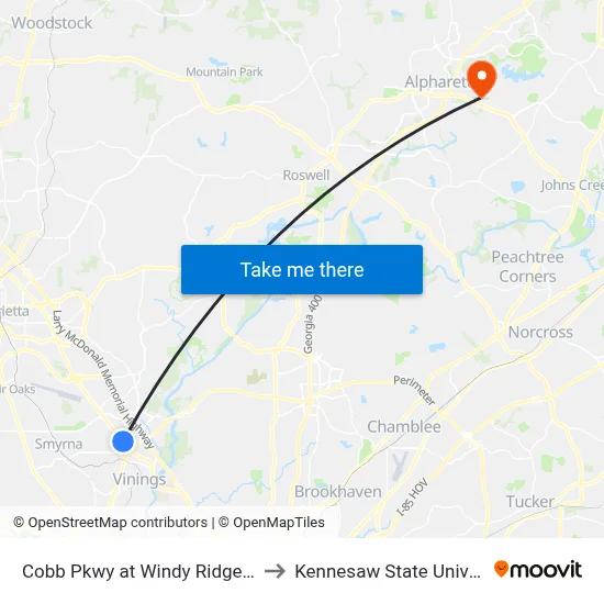 Cobb Pkwy at Windy Ridge Pkwy to Kennesaw State University map