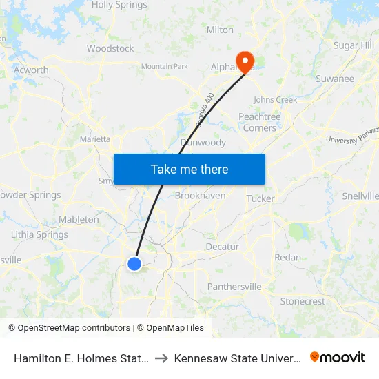 Hamilton E. Holmes Station to Kennesaw State University map
