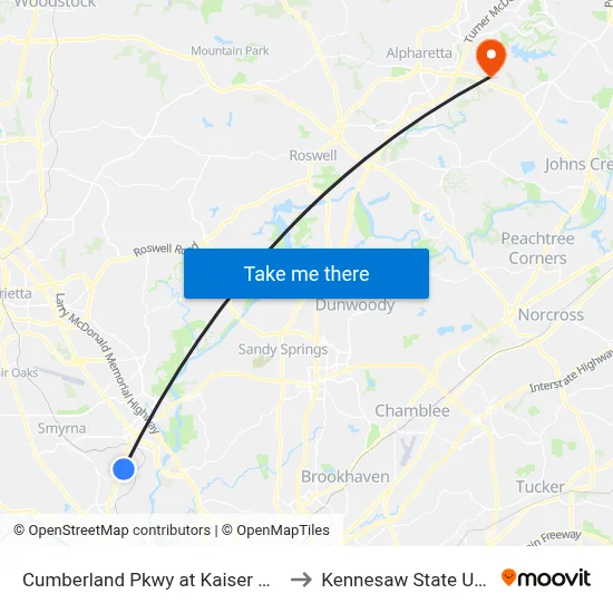 Cumberland Pkwy at Kaiser Permanente to Kennesaw State University map
