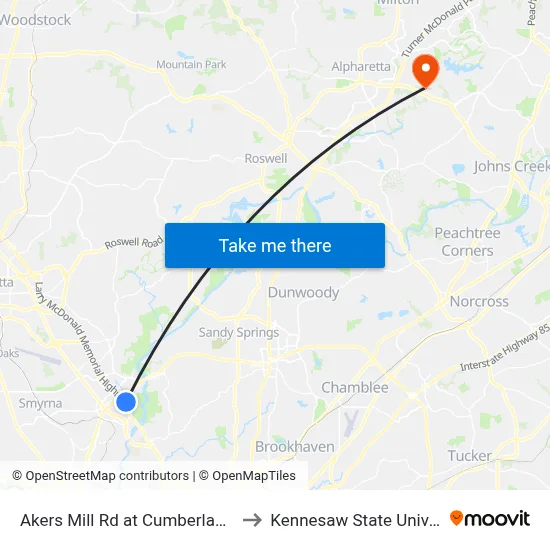 Akers Mill Rd at Cumberland Blvd to Kennesaw State University map