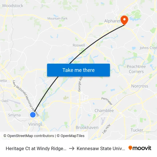 Heritage Ct at Windy Ridge Pkwy to Kennesaw State University map