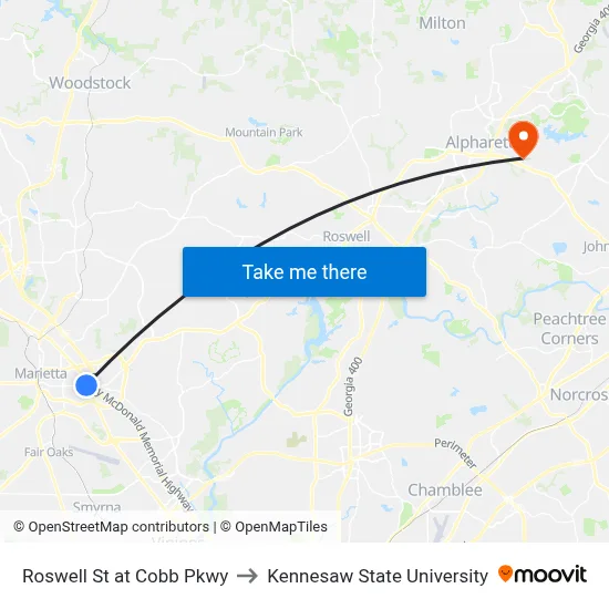 Roswell St at Cobb Pkwy to Kennesaw State University map