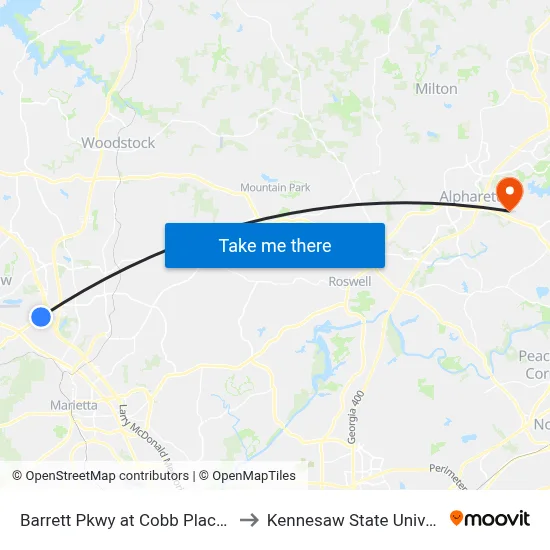 Barrett Pkwy at Cobb Place Blvd to Kennesaw State University map