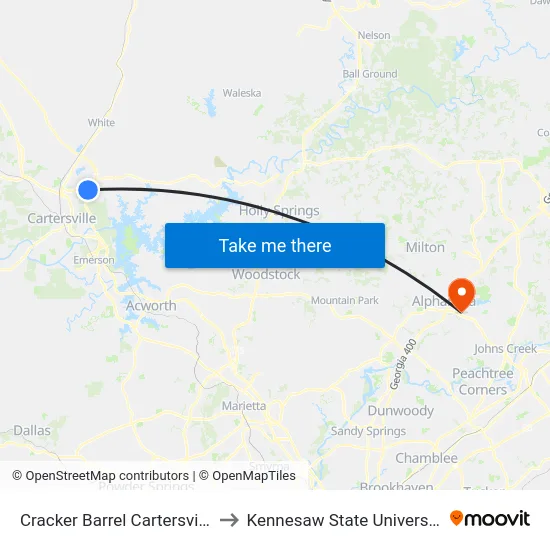 Cracker Barrel Cartersville to Kennesaw State University map
