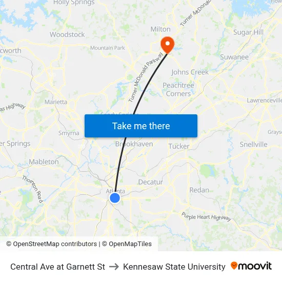 Central Ave at Garnett St to Kennesaw State University map