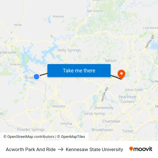Acworth Park And Ride to Kennesaw State University map