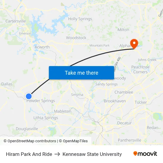Hiram Park And Ride to Kennesaw State University map