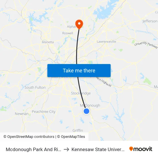 Mcdonough Park And Ride to Kennesaw State University map