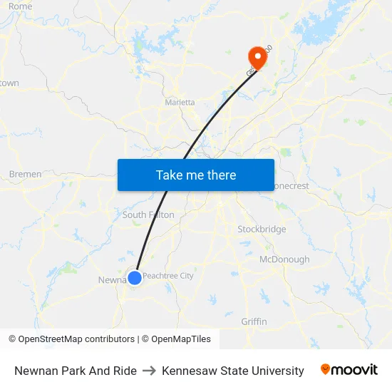Newnan Park And Ride to Kennesaw State University map