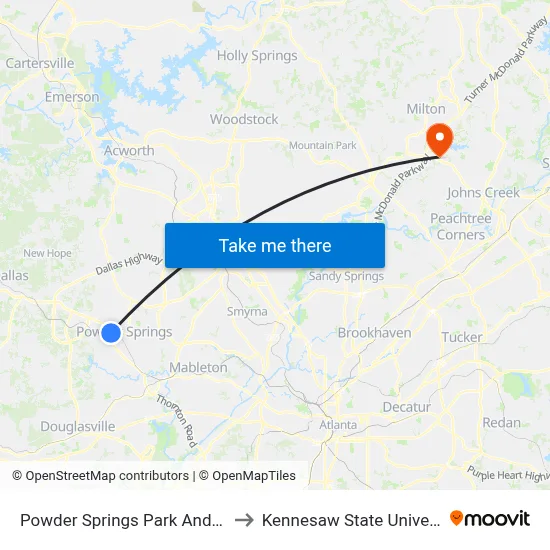 Powder Springs Park And Ride to Kennesaw State University map