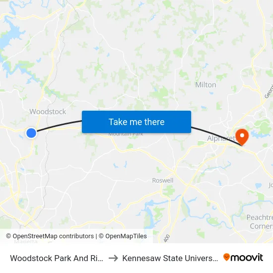 Woodstock Park And Ride to Kennesaw State University map