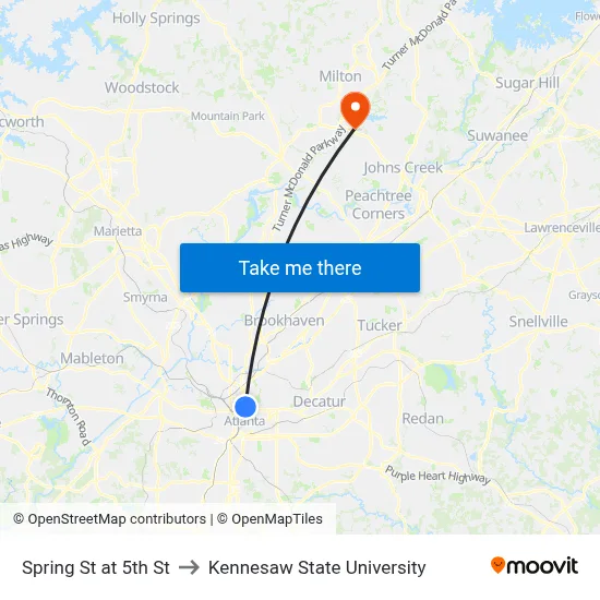 Spring St at 5th St to Kennesaw State University map