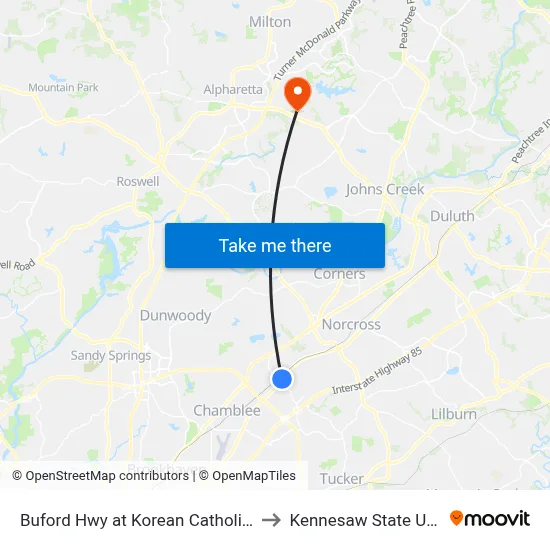 Buford Hwy at Korean Catholic Church Ib to Kennesaw State University map