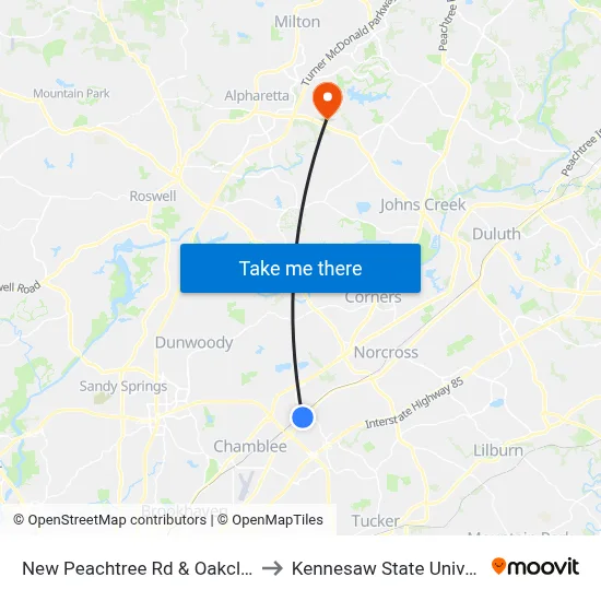 New Peachtree Rd & Oakcliff Ob to Kennesaw State University map