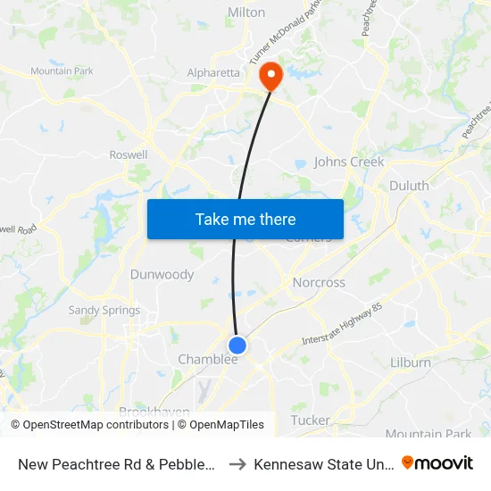 New Peachtree Rd & Pebblewood Apts to Kennesaw State University map