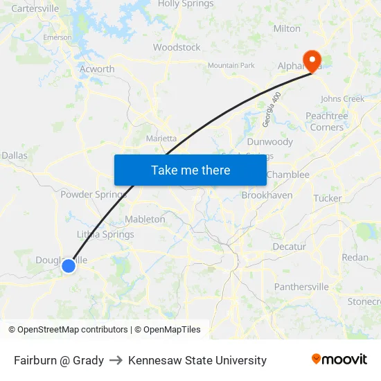 Fairburn @ Grady to Kennesaw State University map