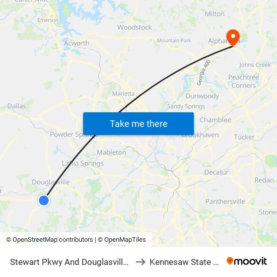 Stewart Pkwy And Douglasville Town Center to Kennesaw State University map