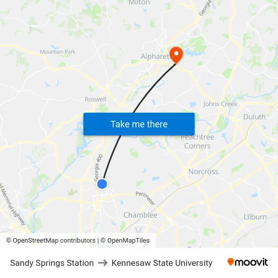 Sandy Springs Station to Kennesaw State University map