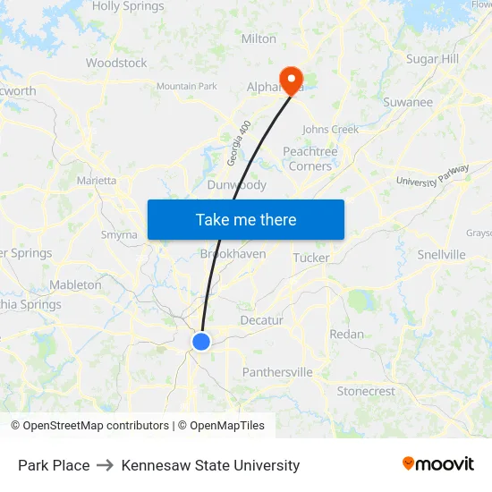 Park Place to Kennesaw State University map