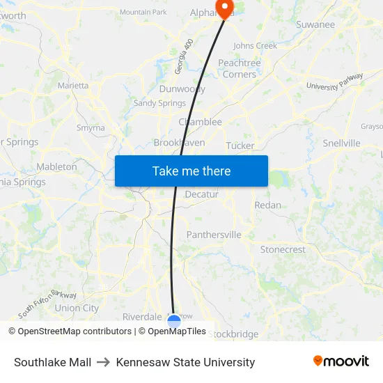 Southlake Mall to Kennesaw State University map