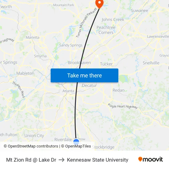 Mt Zion Rd @ Lake Dr to Kennesaw State University map