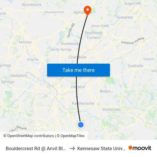 Bouldercrest Rd @ Anvil Block Rd to Kennesaw State University map