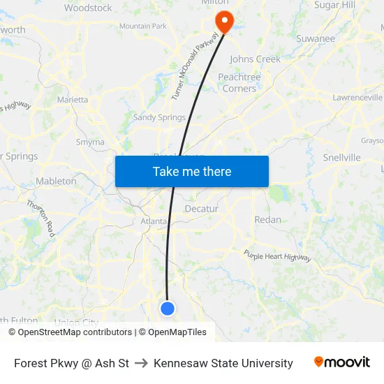 Forest Pkwy @ Ash St to Kennesaw State University map