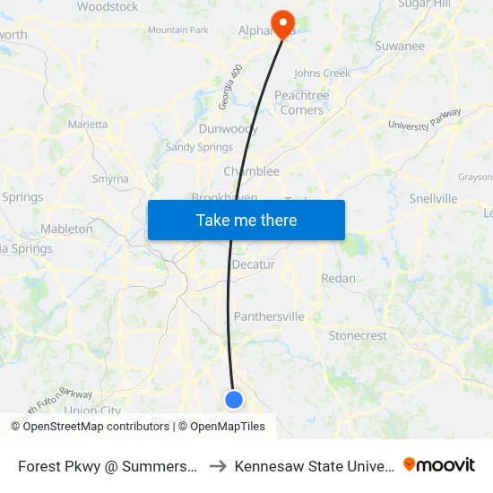 Forest Pkwy @ Summersun Dr to Kennesaw State University map
