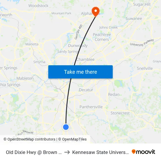 Old Dixie Hwy @ Brown Dr to Kennesaw State University map