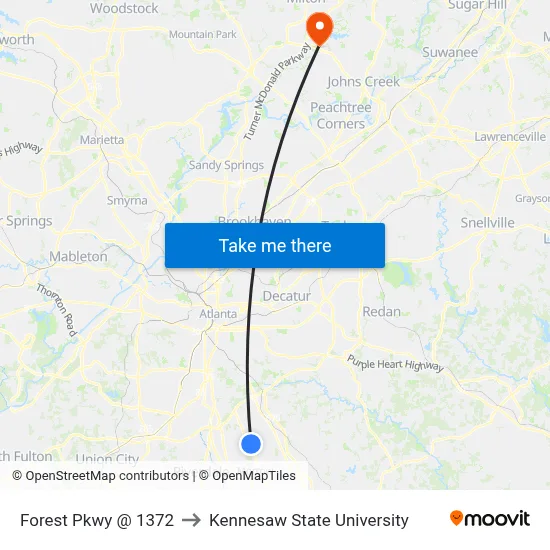 Forest Pkwy @ 1372 to Kennesaw State University map