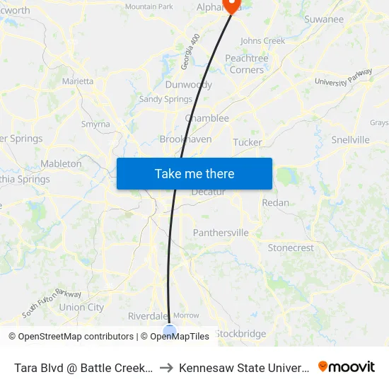 Tara Blvd @ Battle Creek Rd to Kennesaw State University map