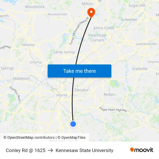 Conley Rd @ 1625 to Kennesaw State University map