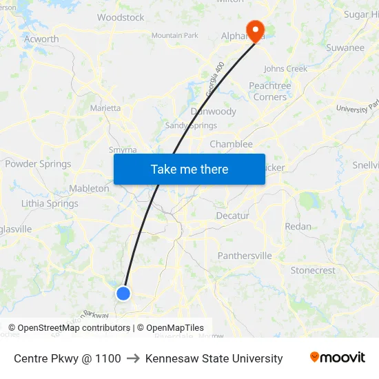 Centre Pkwy @ 1100 to Kennesaw State University map