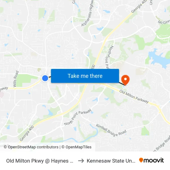 Old Milton Pkwy @ Haynes Bridge Rd to Kennesaw State University map